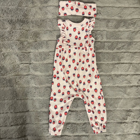 Cat & Jack 12 Months Strawberry Ruffle Romper & Headband, Jumpsuit Summer - Picture 6 of 8